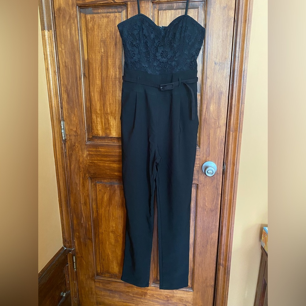 Strapless Black Lace-Top Jumpsuit with Belted Waist